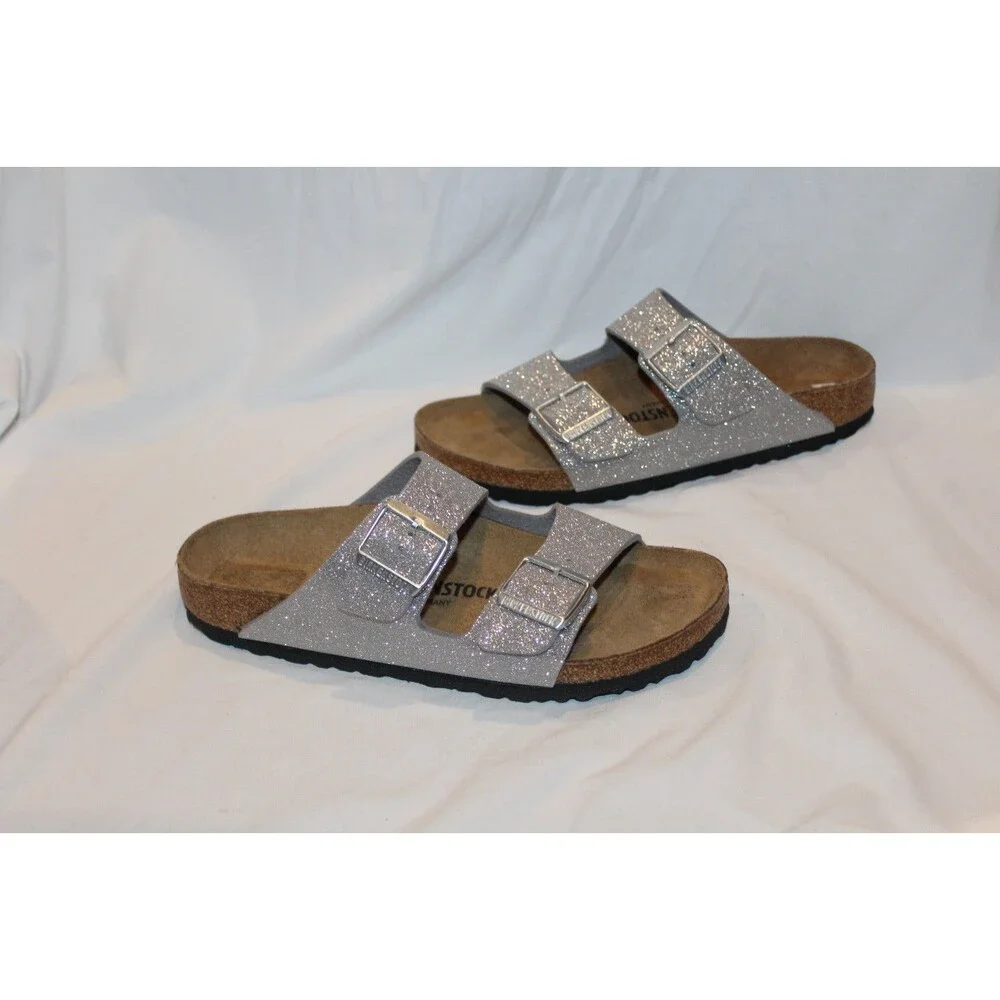 Birkenstock Women's Arizona Leather Sandals Silver Glitter NIB SZ 37 Narrow